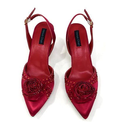 Elegant Rhinestone-Embellished Brown Heeled Shoes and Handbag Set for Women with Floral Decoration – Perfect Small Size Fashion