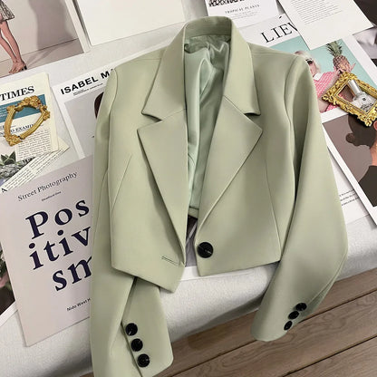 Autumn Solid Color Cropped Suit Jacket for Women Turn Down Collar Single Button Blazer Female Casual Office Lady Blazers Coat