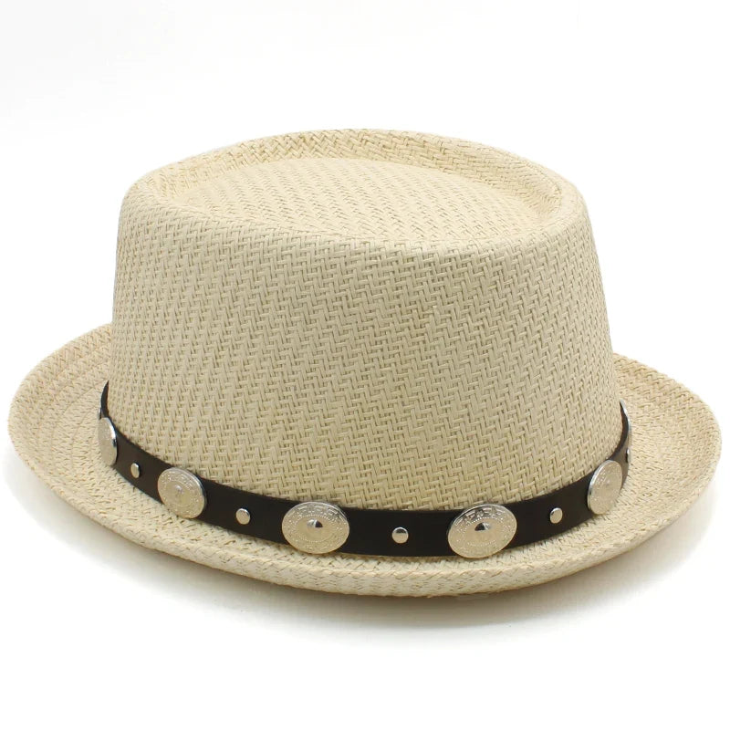 Men Women Straw Pork Pie Hats Summer Sunhat Boater Caps Sailor Sombrero Beach Fedora Trilby Outdoor Travel US Size 7 1/4 UK L
