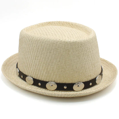 Men Women Straw Pork Pie Hats Summer Sunhat Boater Caps Sailor Sombrero Beach Fedora Trilby Outdoor Travel US Size 7 1/4 UK L