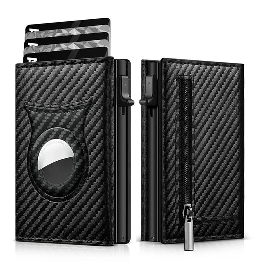 Porte-cartes magnétique en fibre de carbone pour homme, portefeuille triple en cuir avec RFID et fermeture éclair, portefeuille intelligent Pop Up AirTag