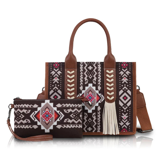Ethnic print hand-held crossbody bag set with tassel decoration and small coin purse, suitable for daily commuting