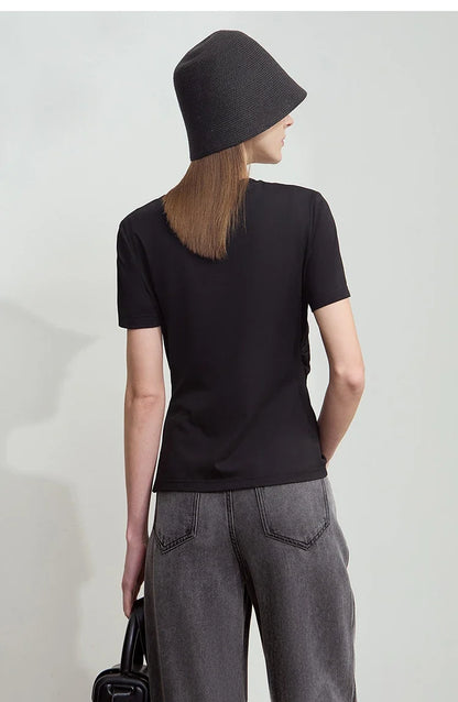 Minimalist T-shirt Women's Tops O-Neck Broken Pleats Slightly Cinched Waist Cotton Knit Tees Antibacterial T-shirt 12522045