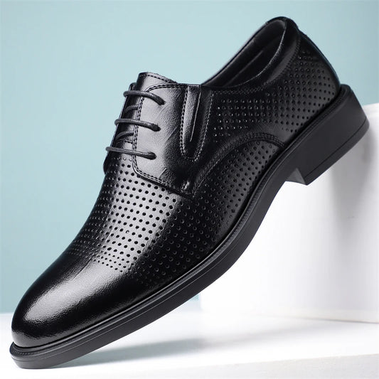 Men's Summer Breathable Leather Shoes British Style Comfortable Soft Business Formal Derby Shoes Hollow out Design-SJ6607-1