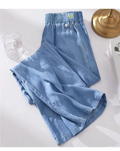 Women's Ice Silk Denim Pants Yoga Sports Thin Loose Style Summer Casual Wide Leg Harajuku Loose Waist