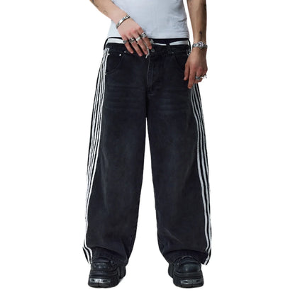 Y2K American Retro High Waisted Jeans Loose Wide Leg Pants Harajuku Style Street Striped Gothic Niche Design Casual Pants