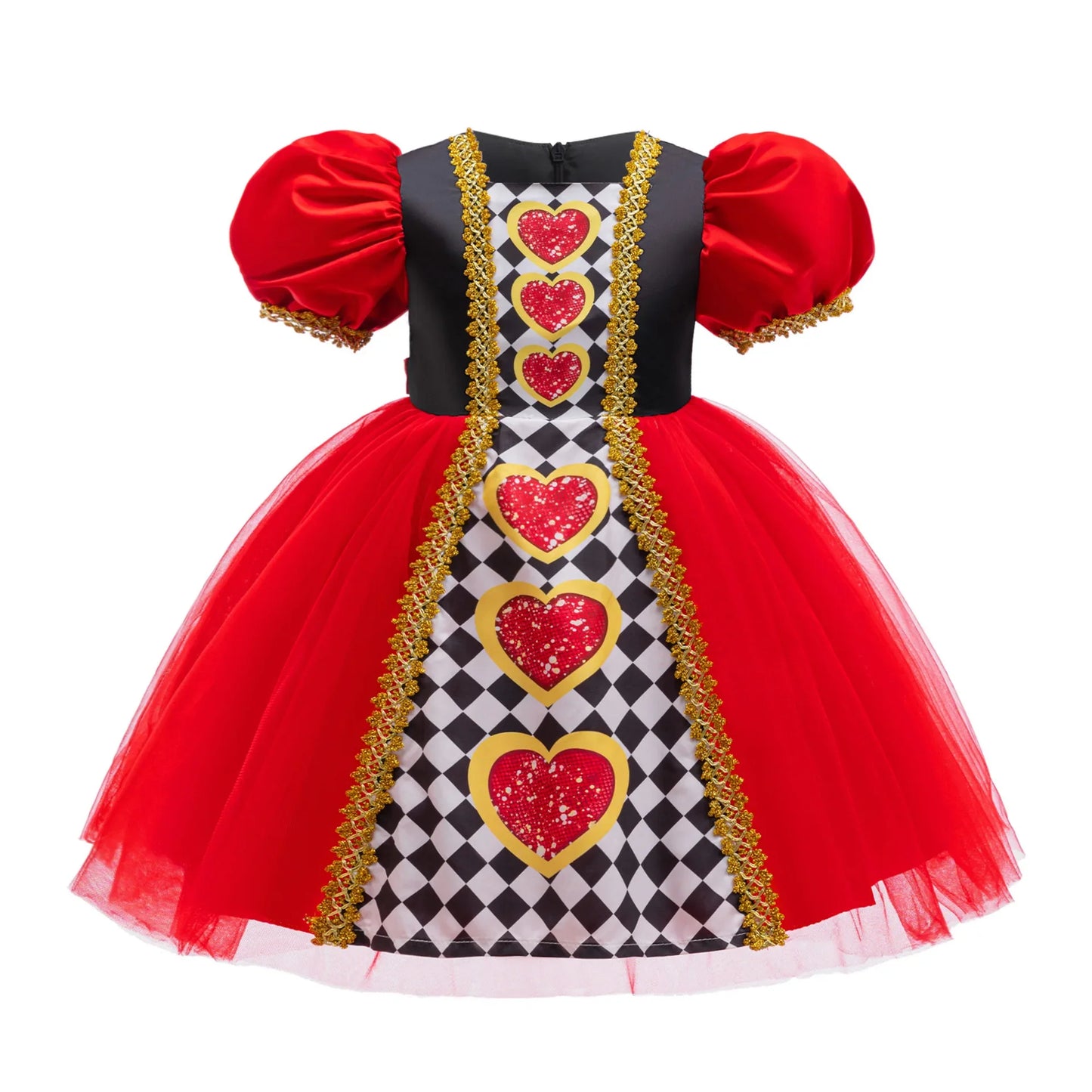 Halloween Red Queen Costume Girls Queen of Hearts Costume with Heart Details Stand Collar Red Black White Carnival Dress