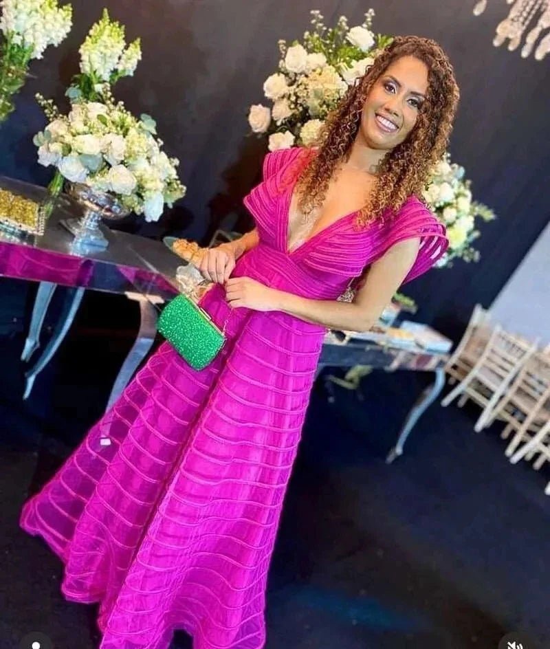 A Line Fuchsia Formal Dresses Pleat Sleeveless Prom Gown for Woman Deep V Neck Wedding Party Dress robe de bal Customized