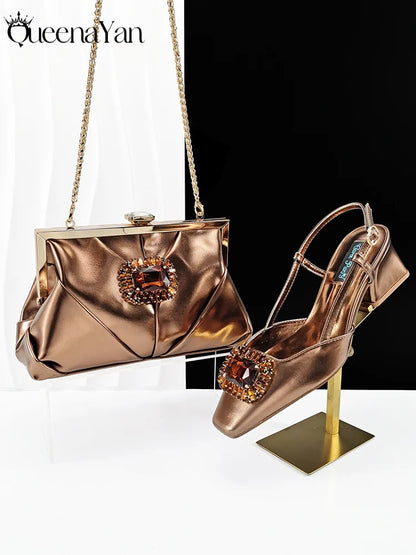 2025 Nigerian Banquet Shoes and Bag Set Fashion Ladies Matching Shoes and Bag High Heels Wedding Party Coffee Color