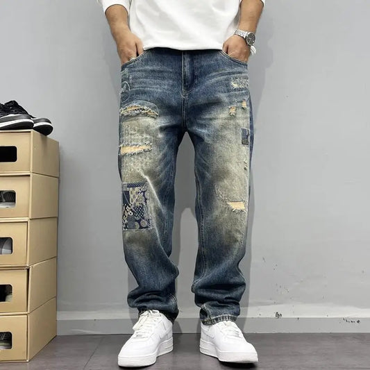 Vintage Distressed Patch Jeans for Men Micro Tube Pants High Street Trendy Brand Hip-hop Pants