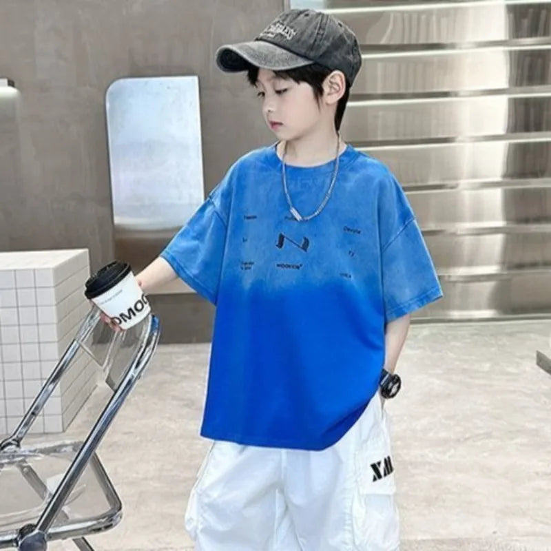 2026 New Boys Cotton T-Shirt Trendy Gradient Design for Big Kids Stylish Cool Summer Casual Wear