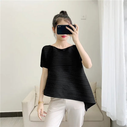 Miyake Irregular Short Sleeve Pleated Top Simple Loose Plus Size with Stretch T-Shirt Vacation Office Clothing Polyester Crepe