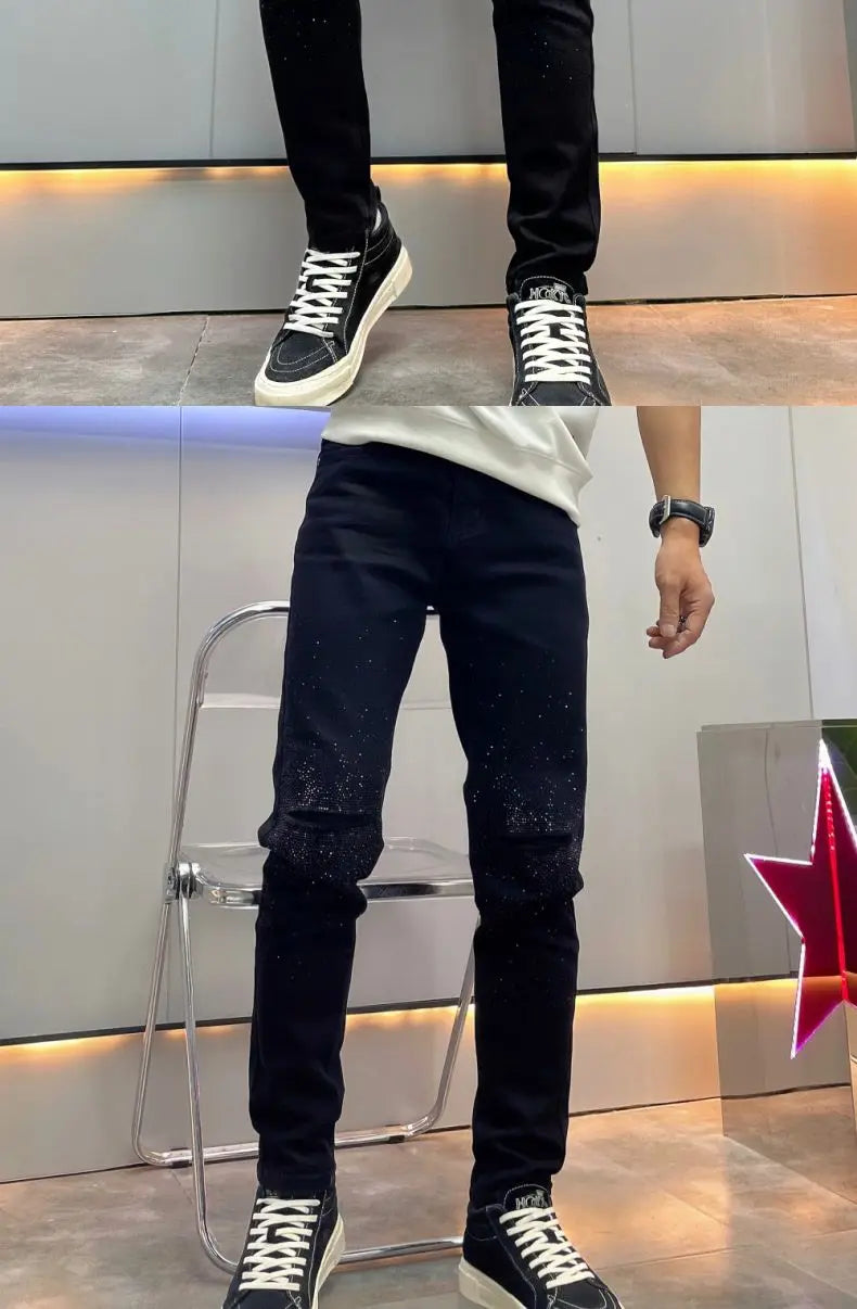 Korean Luxury Clothing Hot Diamonds Cowboy Pants Men 2025 Black Men's Slim HOLE Jeans Spring Autumn Denim Distressed Trousers