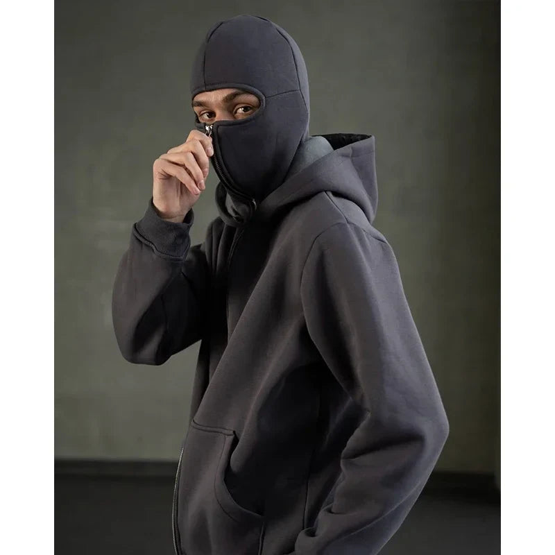 Men's Double Hat Mask Zipper Design Winter Windproof Hoodie Sports Jacket Outdoor Activities Hiking Travel Running Sweatshirt ﻿