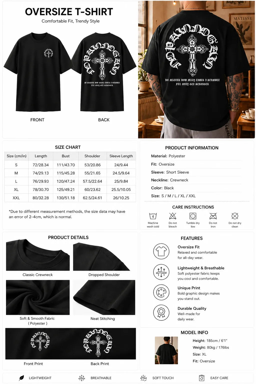 Men's Gothic Streetwear T-Shirt Ornate Cross & Circle Script Graphic Print Crew Neck Short Sleeve Polyester Tops S-XXL