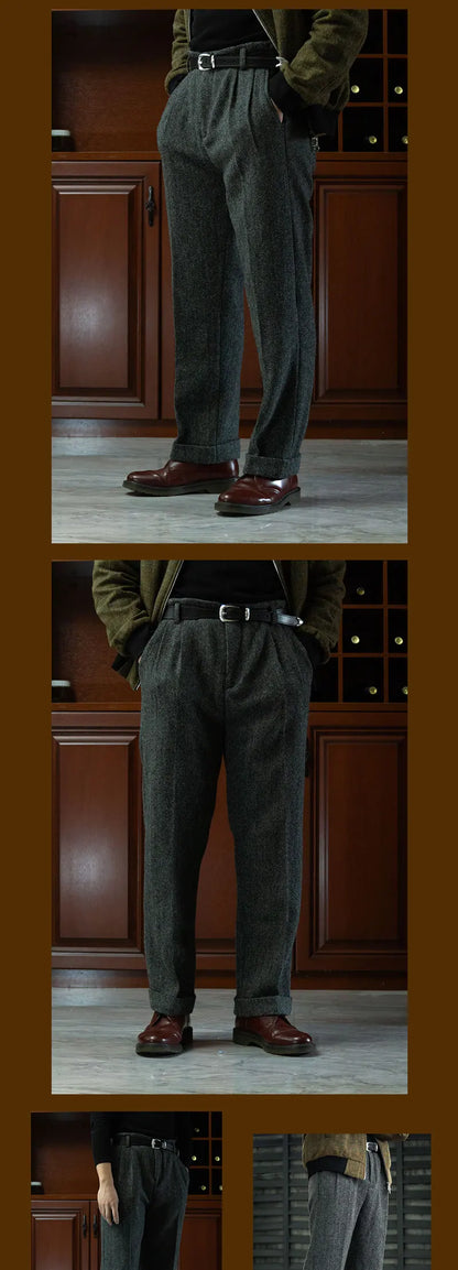 American Vintage Hollywood Waist Wool Tweed Casual Pants Hollywood Classic Loose Straight Leg Pants