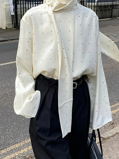 Satin Scarf Neck Polka Dot Printing Women Blouse Fashion Full Sleeve Loose Basic Shirt Lady Autumn New Highstreet Commute Wear