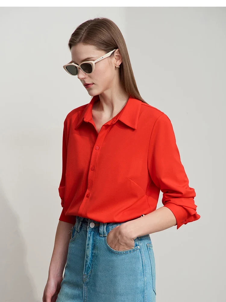 Shirt for Women Minimalist Solid Color Long Sleeves Knitted Versatile Commuting Shirts Turn Down Collar Women Tops 12551078