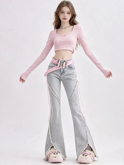 Harajuku Streetwear Retro Fashion Women High Waist Jeans Horn Fork Design Wide Leg Straight Loose Denim Trousers Y2K Baggy Pants