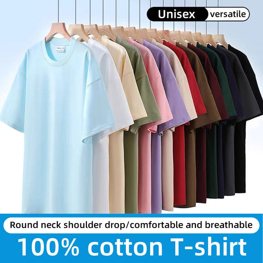 100% Pure Cotton T-Shirt With Round Neck Shoulder Design For Both Men Women Summer Solid Color Short Sleeved Casual Loose Fit