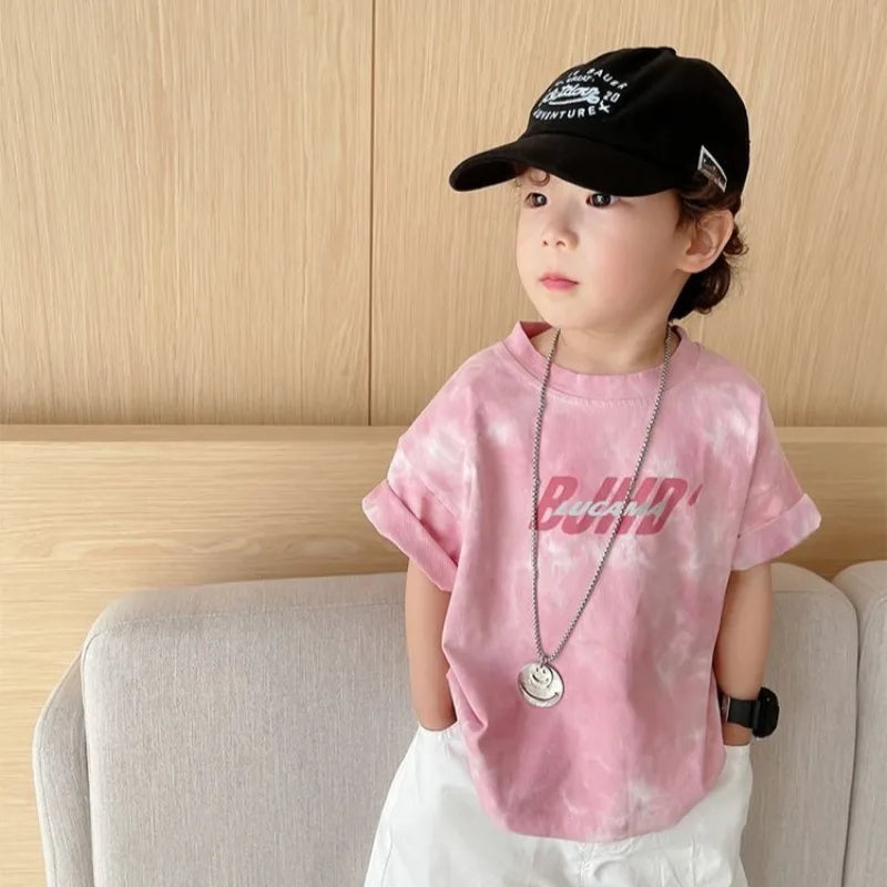 2025 New 100% Cotton Kids Tie Dye Short Sleeve T-Shirt Summer Boys Girls Clothing