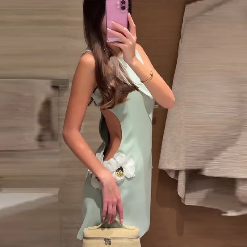 Women's Round Neck Solid Sleeveless Dress Sexy Waist Side Cut-outs Slim Mini Skirt Female New Date Commuter Party Clothes