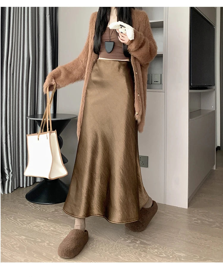 New Autumn Winter Solid Satin Silk Mermaid Skirt Women Fashion High Waist Office Ladies Work Warmth Party Long Maxi Skirt