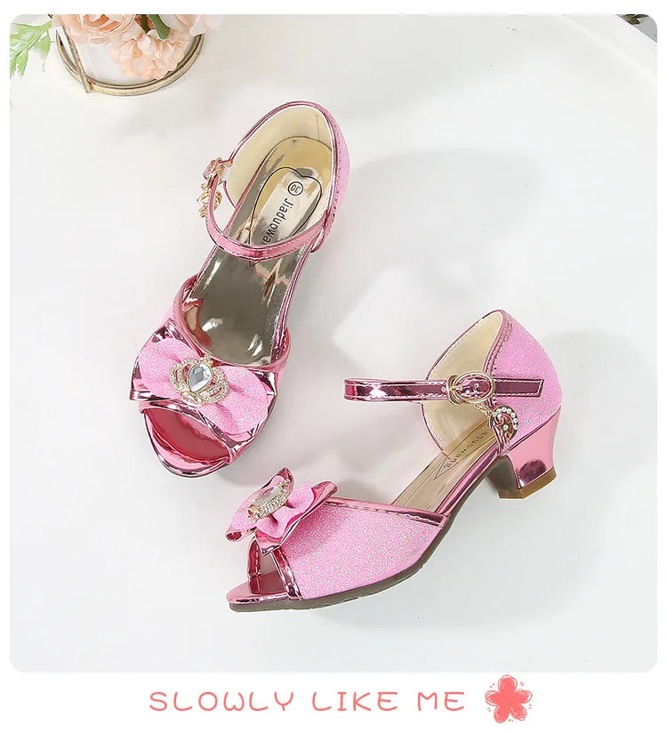 Girls Princess Sandals Summer Open-toe Elegant Children High Heels Fashion Sequins Crown Kids Causal Glitter Wedding Dress Shoes
