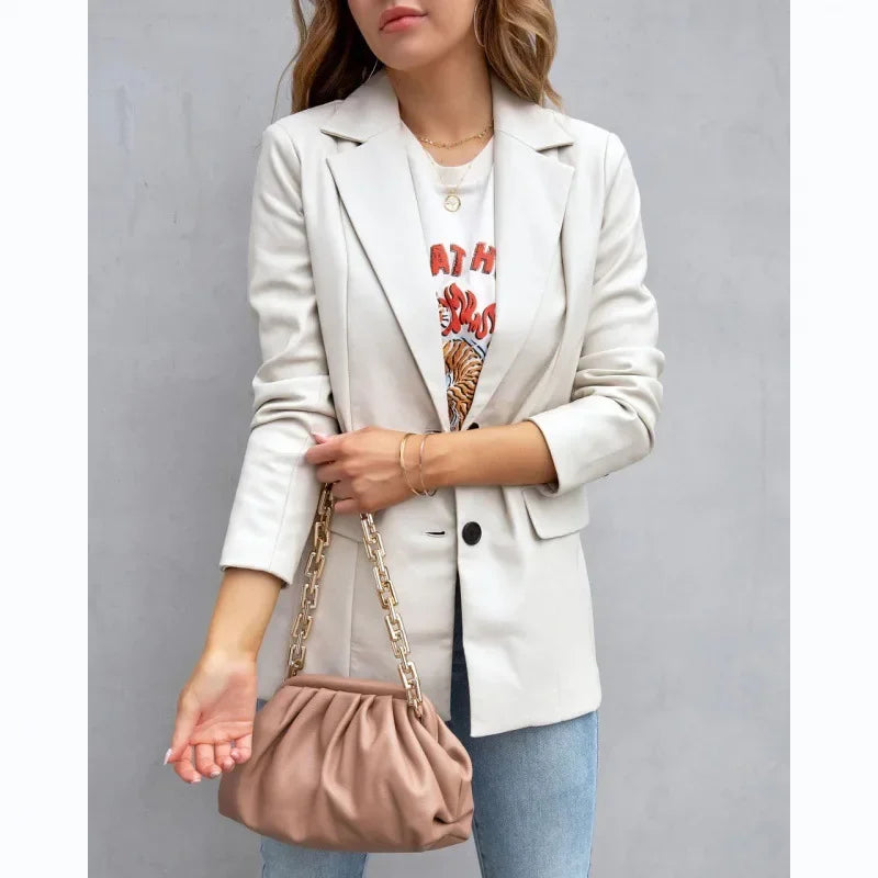 Elegant Chic Jacket Office Lady Long Sleeve Lapel Collar Single Breasted Pocket Coat Outwear 2025 Women PU Leather Suit Blazer