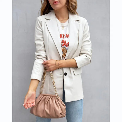 Elegant Chic Jacket Office Lady Long Sleeve Lapel Collar Single Breasted Pocket Coat Outwear 2025 Women PU Leather Suit Blazer