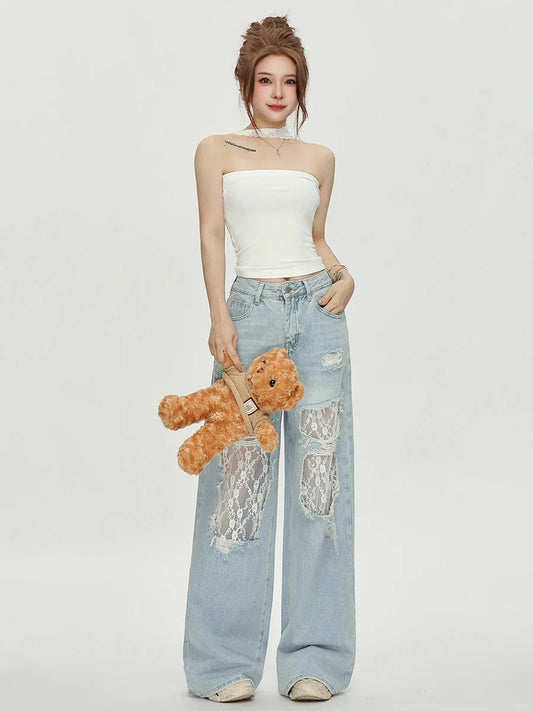 Women's Lace Hollow Out Baggy Jeans Vintage Destroyed Holes Raw Edge Wide Leg Denim Pants Casual Korea Everyday Wear