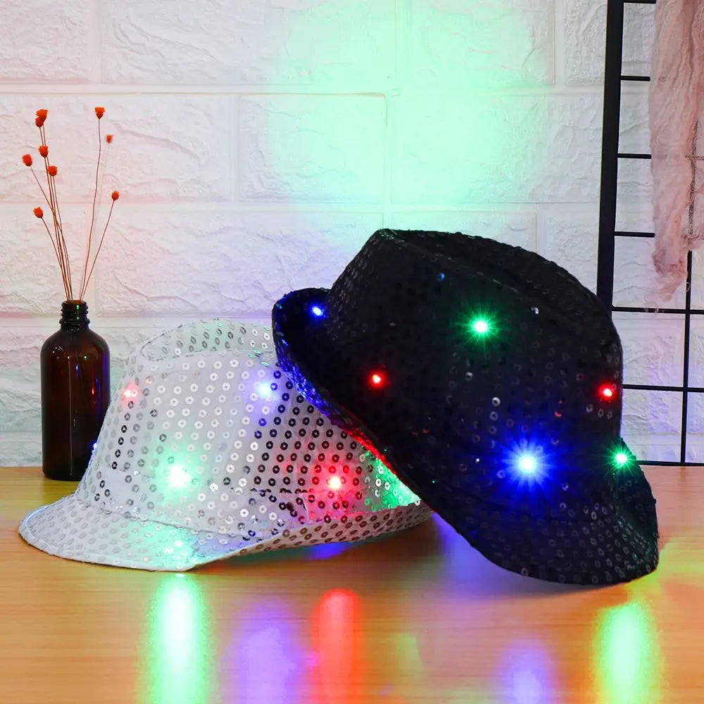Unisex Light Up Flashing Led Fedora Trilby Jazz Hat Panama Cap Sequin