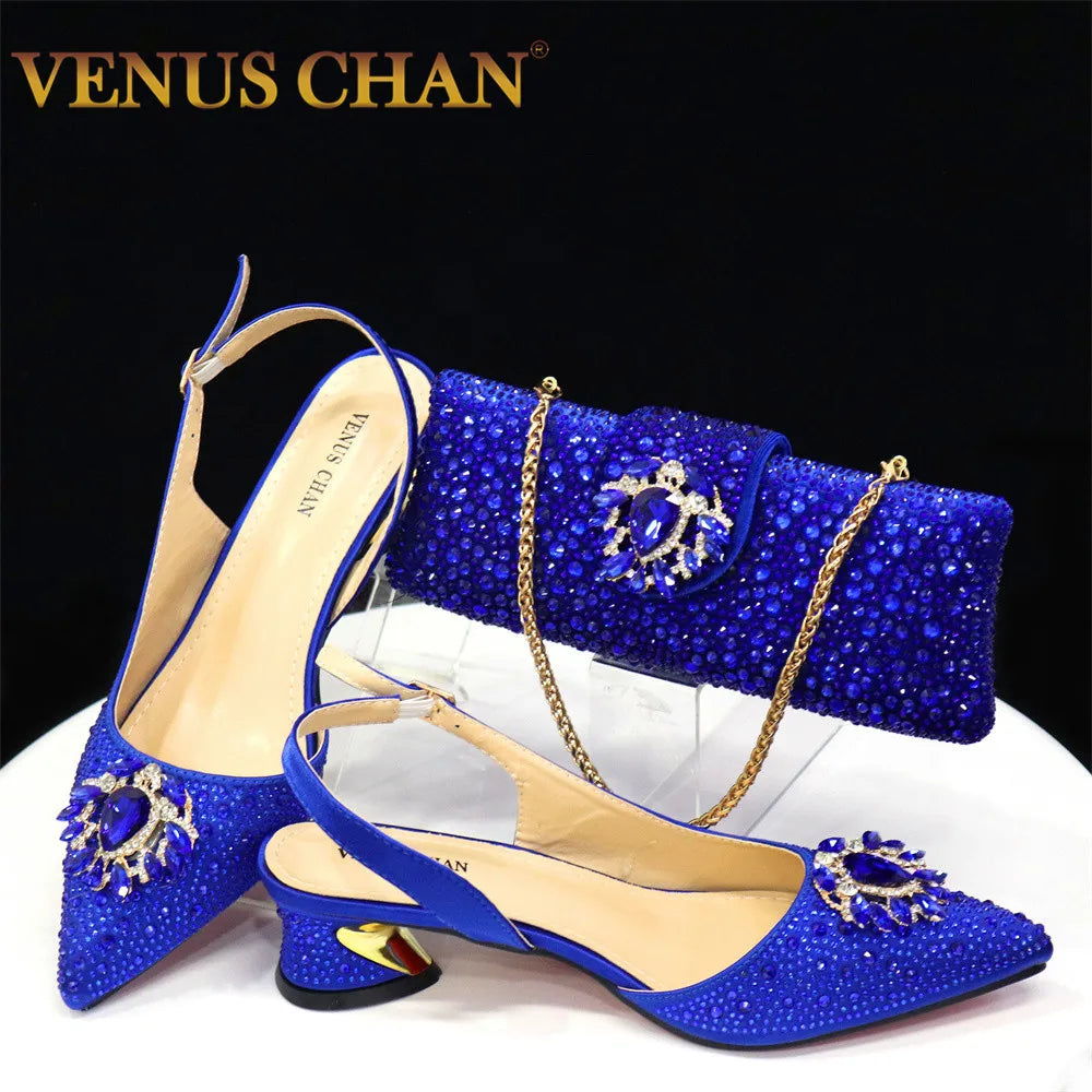 Royal Blue Sandals for Women 2024 Luxury Wedding Pumps Med Heels Rhinestone Design Party Shoes and Bags Set