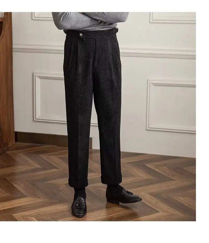 Classics Italian Naples Style Men's Suit Corduroy Pants Men High Waist Straight Work Formal British Business Brand Trousers Male