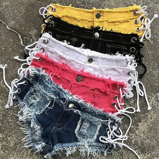 Women Denim Ripped Shorts Sexy Low Waist Jeans Female Summer Denim Knotted Band Mini Shorts Dj Club Party Hotpants
