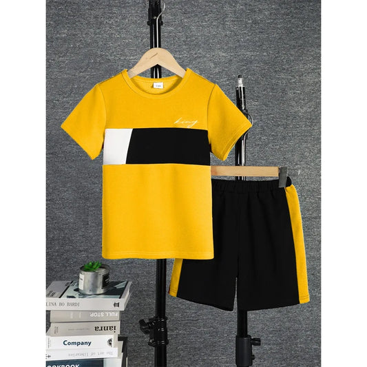 2Pcs Boys Casual Outfit Color Block Short Sleeve T-shirt & Shorts Set, Comfy Summer Kids Clothes 8 Colors for Age 7-15Y