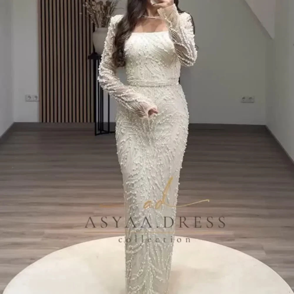 Dubai Beading Pearls Wedding Dress Square Collar Long Sleeves vestidos de noche Rear Forks فساتين سهرة Customized 2025