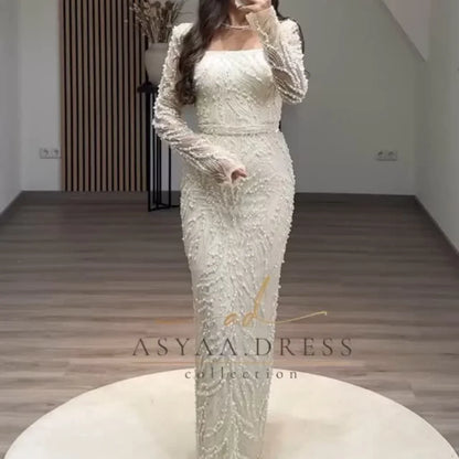 Dubai Beading Pearls Wedding Dress Square Collar Long Sleeves vestidos de noche Rear Forks فساتين سهرة Customized 2025