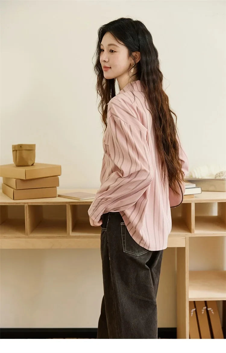 Peach Skin Velvet Stripe Shirt for Women Autumn 2025 Double Layered Collar Contrasting Color Shirt Commute Top MXE47C2408