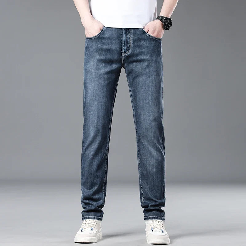 Soft Slim Men's Jeans Summer Thin Straight Business Casual Trousers Fashion Korean Comfortable Cool Brand Man Pants