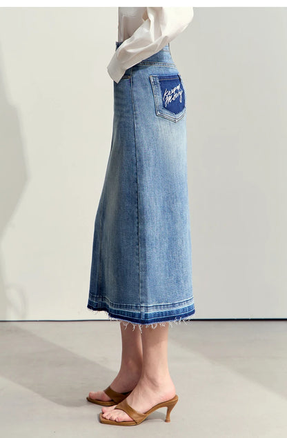 Minimalism 2024 Summer New Casual Denim Style Women Jeans Skirts Letters Embroidery Open Fork Female A-line Skirt 12442282