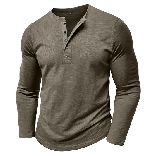 New Autumn Long Sleeve T-Shirt Mens Casual Solid Color Top Henley Neck Slim Versatile Work T-shirt Breathable Outdoor Thin Tee