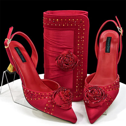 Elegant Rhinestone-Embellished Brown Heeled Shoes and Handbag Set for Women with Floral Decoration – Perfect Small Size Fashion