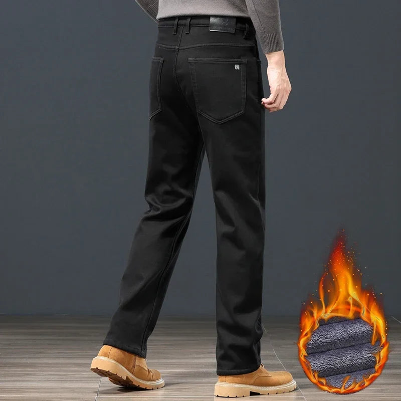 Winter Men's Fleece Warm Jeans Classic Black Plush Loose Straight Business Casual Pants Thermal Male Clothing 40 42 44