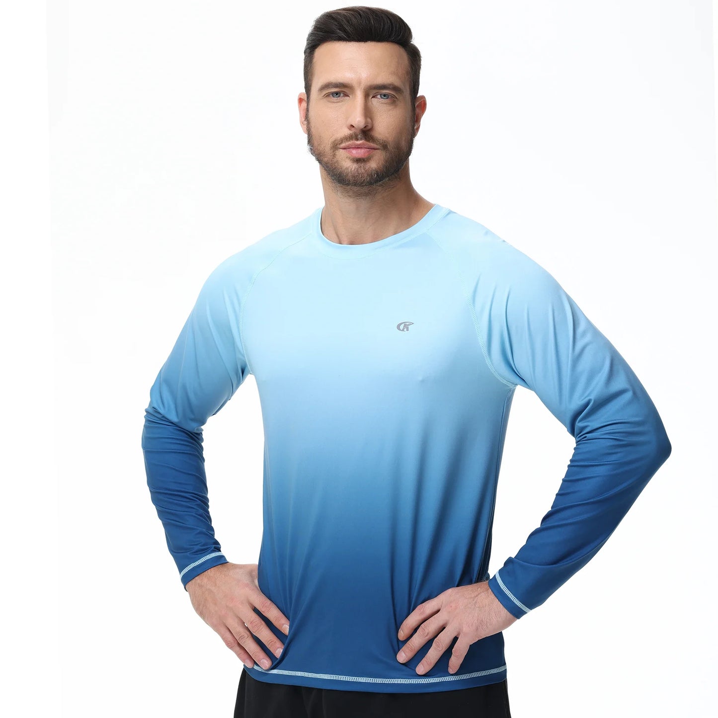 Summer Men's UPF 50+ Beach Swimming T-Shirt, Quick Dry Long Sleeve Fashion Gradient Rash Guard Tops for Sport Fishing Hiking