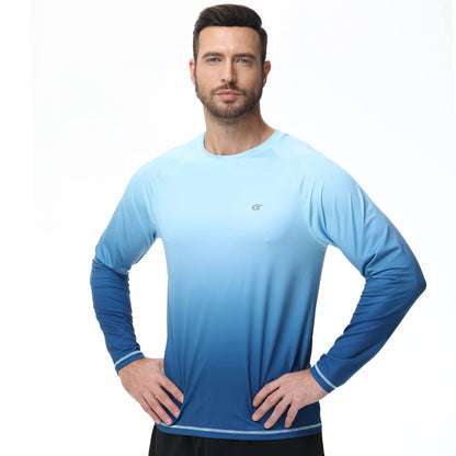 Summer Men's UPF 50+ Beach Swimming T-Shirt, Quick Dry Long Sleeve Fashion Gradient Rash Guard Tops for Sport Fishing Hiking