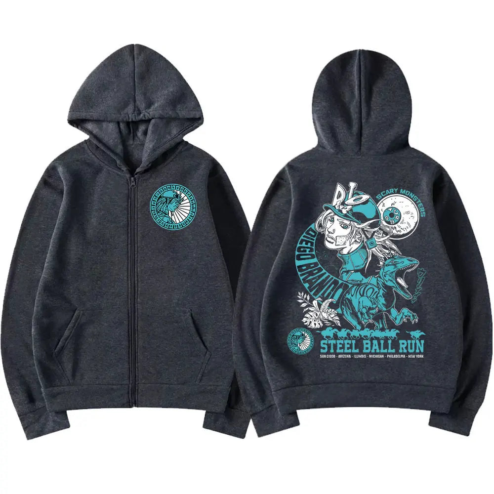 Anime Jojo Bizarre Adventure Zipper Hoodies STEEL BALL RUN Diego Brando Manga Zip Up Sweatshirts Men's Fashion Casual Pullovers