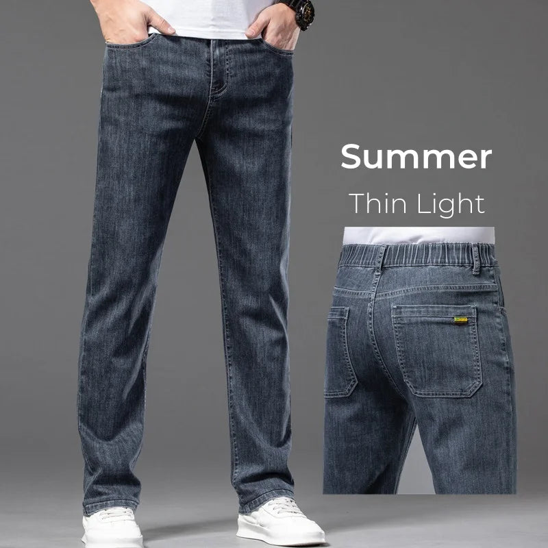 Spring Summer Thin Men's Classic Jeans Elastic Loose Straight Cotton Casual Denim Trousers Brand Clothing Business Male Pants