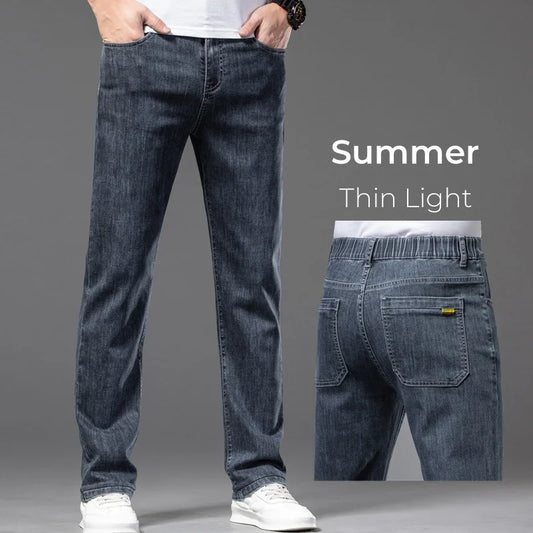 Spring Summer Thin Men's Classic Jeans Elastic Loose Straight Cotton Casual Denim Trousers Brand Clothing Business Male Pants