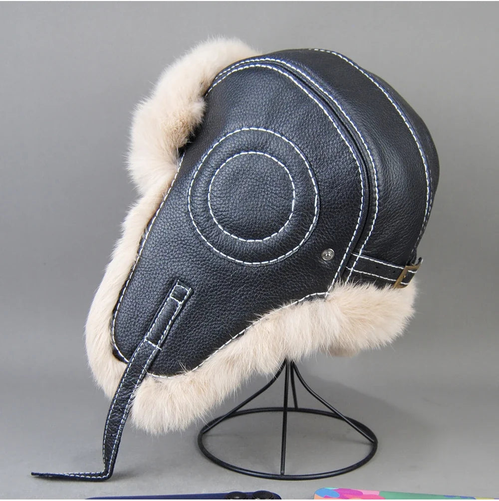 2026 Fashion Men's 100% Natural Rabbit Fur Bomber Hats Winter Russian Man Warm Real Sheepskin Leather Hat Male Real Fur Caps
